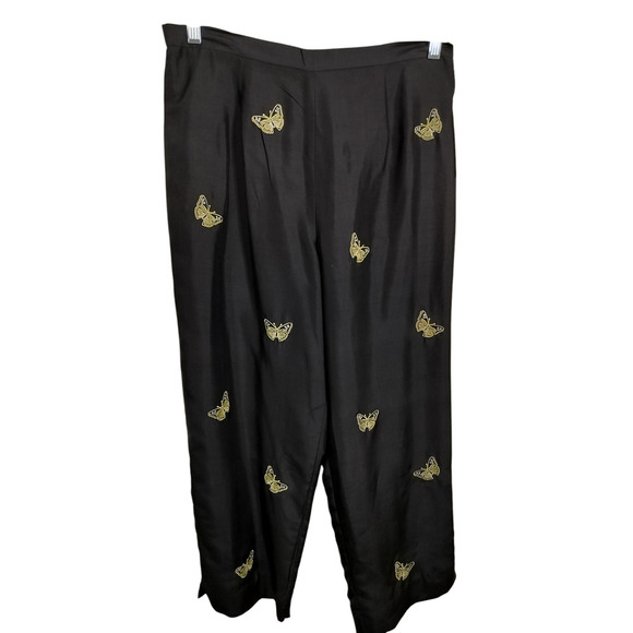 3202) Studio I Silk Yellow Black Butterfly Embroidery Cropped Pants Set Size 10 - Picture 4 of 9